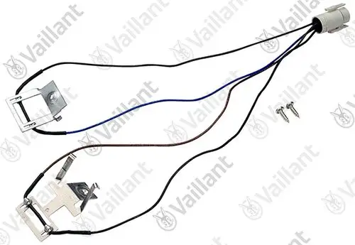 Vaillant Fühler mit mehreren Drähten, Metallbefestigungen und Stecker, inklusive zwei Schrauben zur Befestigung. Einsatz in Heiz- oder Abgassystemen.